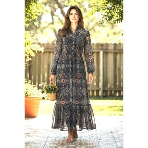 Dark Boho Sheer Maxi Dress Size Small Tiered Floral Whimsigoth Romantic Flirty